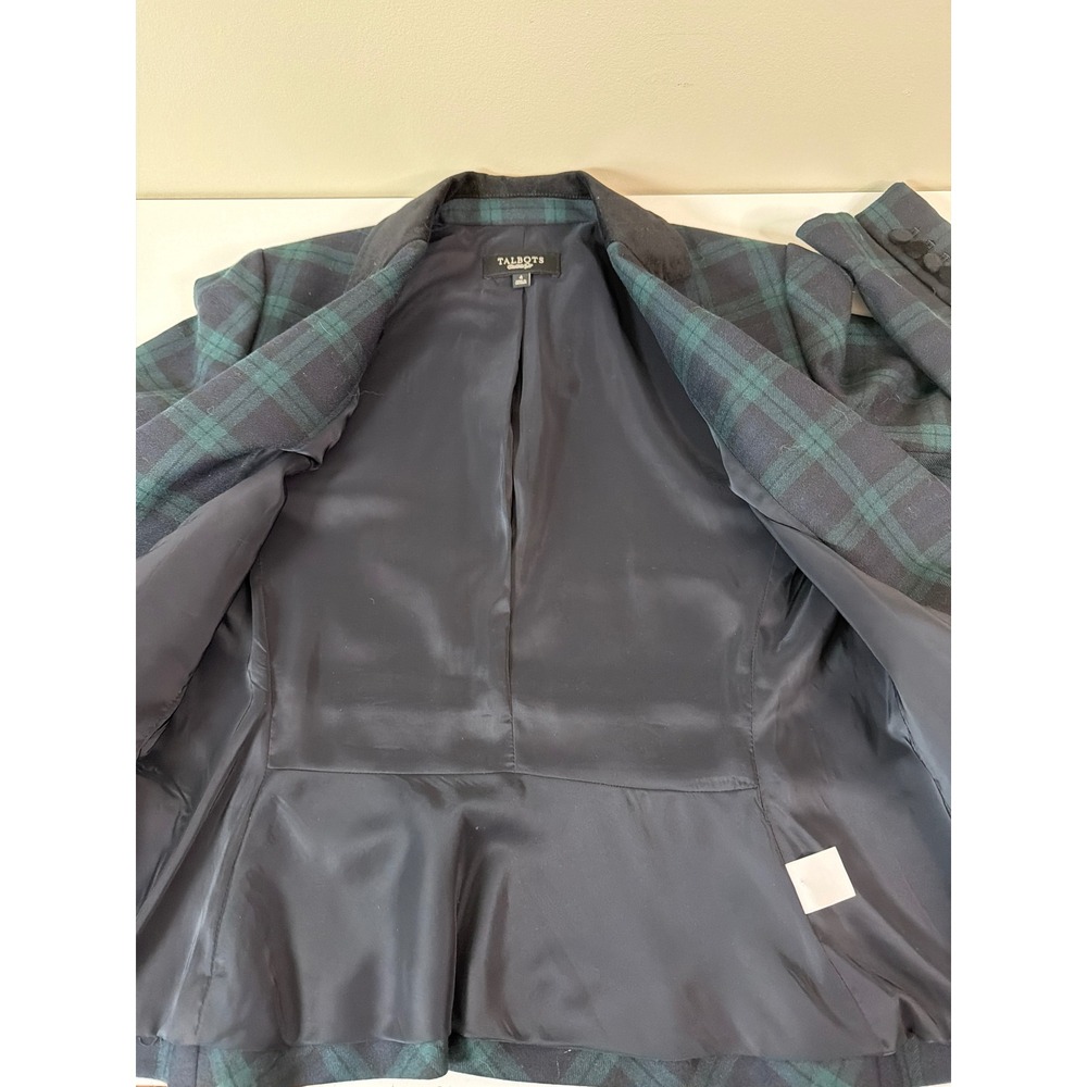 Talbots 4 Black Watch Plaid Wool Blend Velvet Collar Peplum Back Blazer Classic - Picture 6 of 9